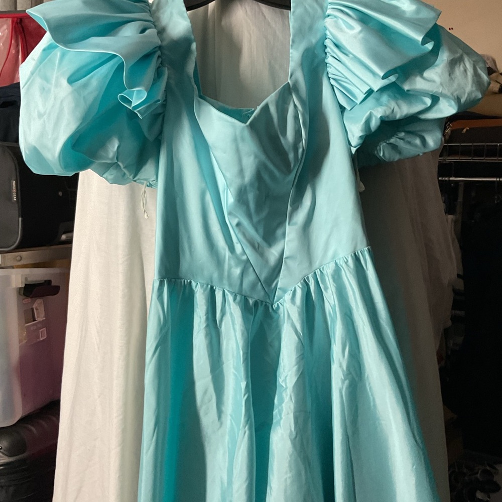 Vintage 60’s Alyce Designs Aqua Puff Sleeve Satin Dress - Picture 1 of 6